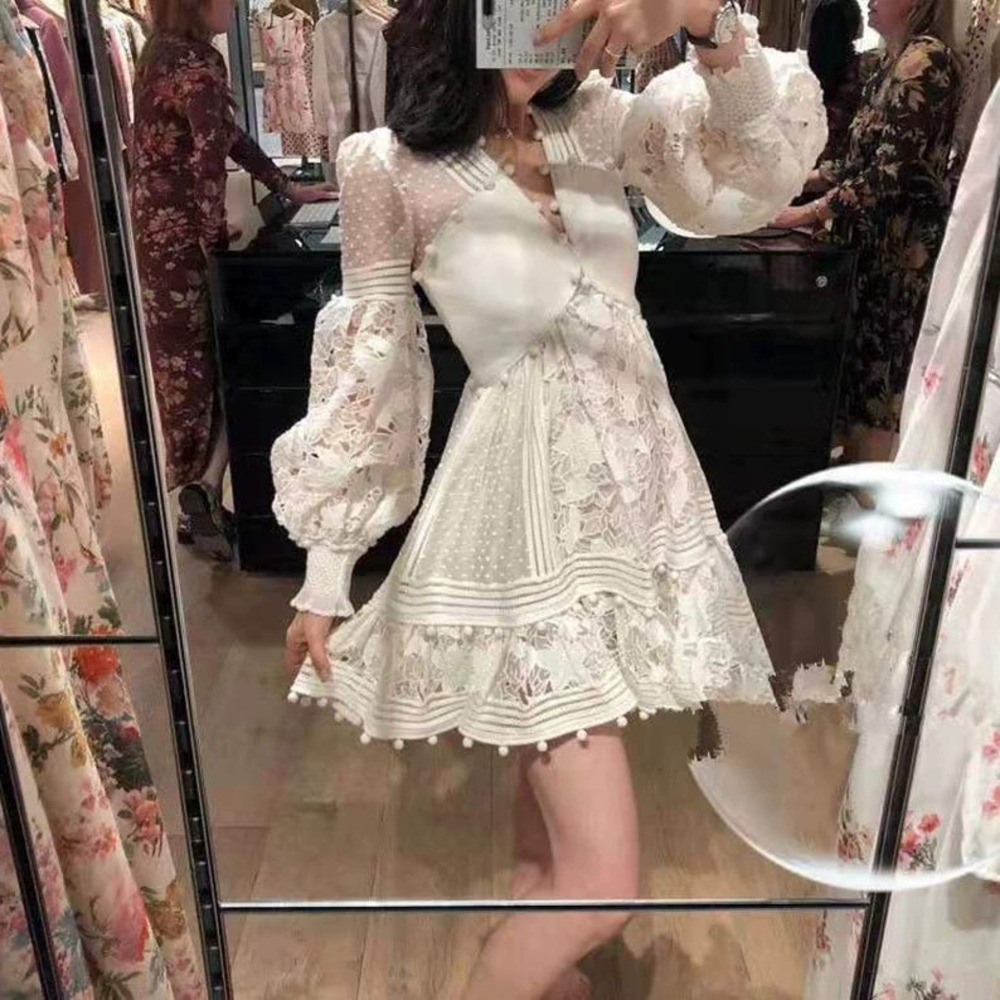 Womens Autumn Long Sleeve Lace Hollow Out Midi Dress